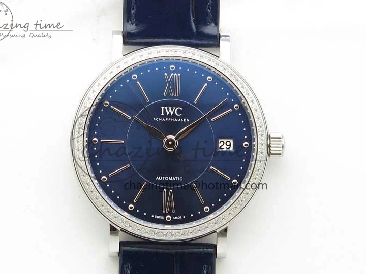 MIROTIME 1224 Portofino 37mm SS V7F 1:1 Best Edition Blue Dial Diamonds Bezel on Blue Leather Strap A Chic 7093